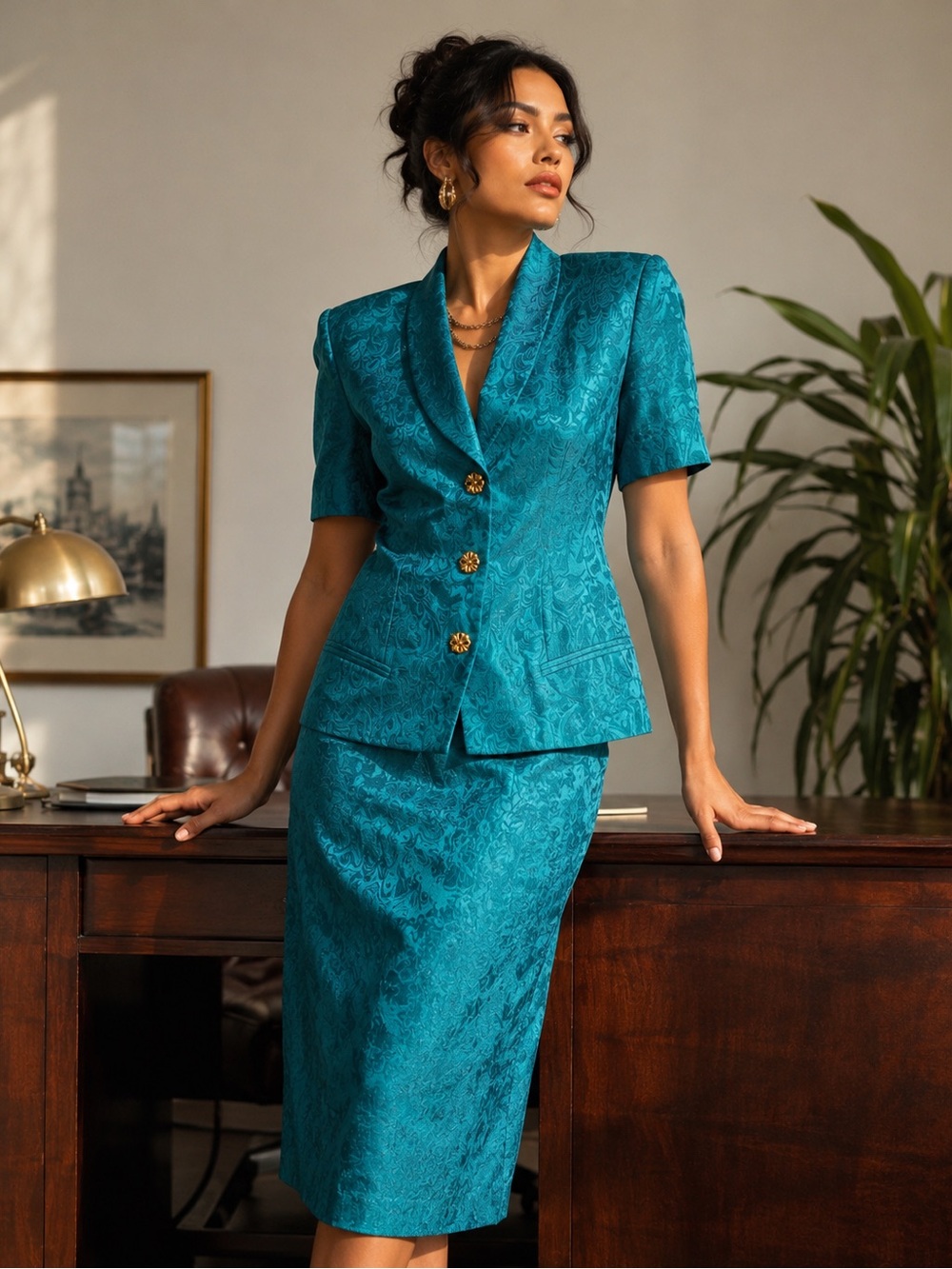 Vintage Amanda Smith Teal Jacquard Skirt Suit Set Size 8 NWT Deadstock 80s 90s